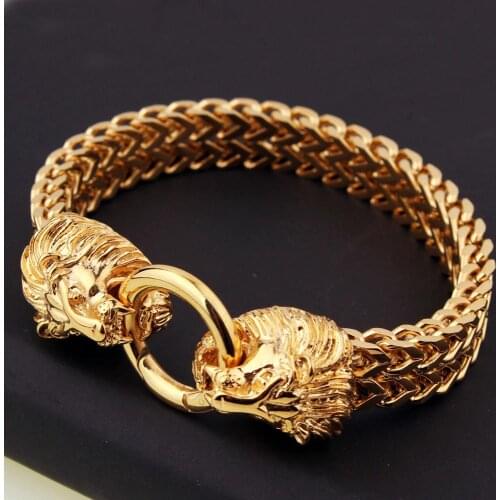 12mm Christmas Gift Gold Tone Stainless Steel Double Lion Head Figaro Box Link Chain Mens Unisexs Bracelet Wristband 8.66inch