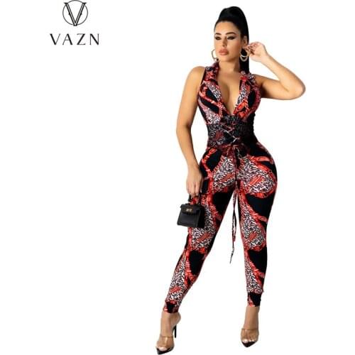 VAZN 2021 New Deep V-neck Shinny Print Sexy Lady Women Party Beach Jumpsuits Full Pant Bandage Rompers