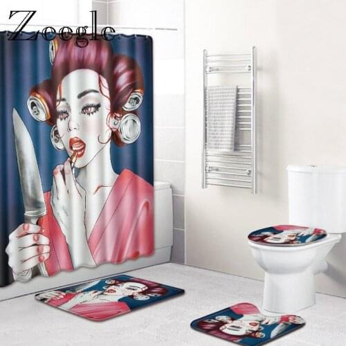 4 Pcs African Girl Shower Curtain Bath Mat Toilet Pad Character Pattern Anti-slip Toilet Rug Bathroom Carpet Flannel Bath Mat