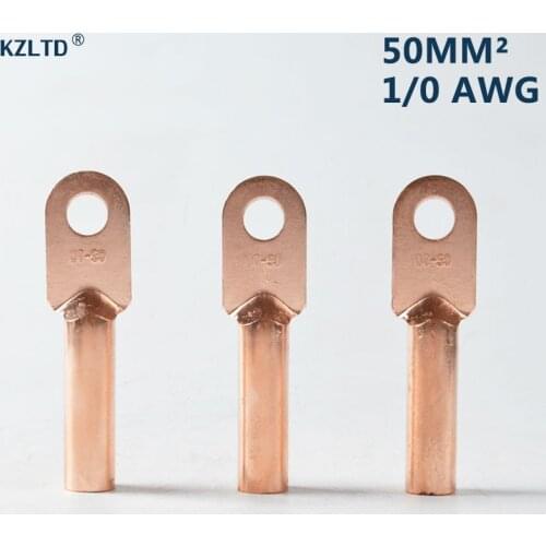 5PCs/Lot Copper Cable Lug Terminal Connector 50mm 1/0 AWG 11mm/0.433" Bolt Hole Battery Cable Eyelets DT-50