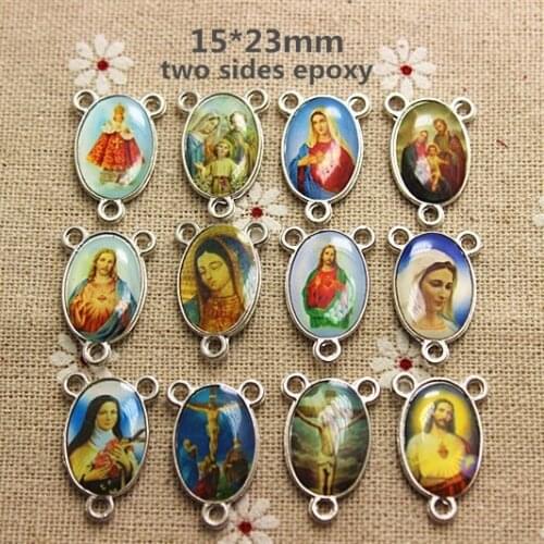 Mix Saints Image 50pcs Two Sides Epoxy Rosary Centerpiece,Jesus Christianism Icon Charm,DIY Religion Jewelry Accessories