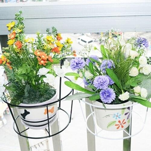 A0KC Balcony Round Flower Pot Basket Iron Railing Fence Hanging Potted Plant Rack Planter Stand Holder Garden Decoration