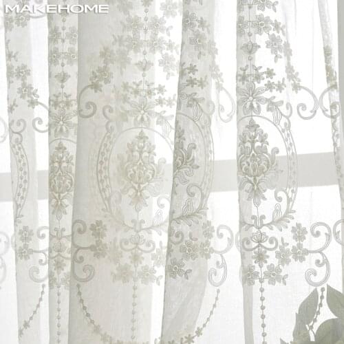 MAKEHOME Embroidered White Sheer Tulle Curtains for Living Room European Voile Tulle Curtains for Bedroom Lace Window Curtains