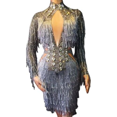 Sparkling Rhinestone Crystal Grey Fringes Women Bodycon Evening Dresses Bling Dresses Nightclub Party Show Performance Stage Wea