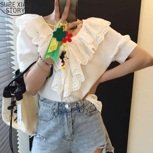 French Double-layer V-neck Womens Blouse Vintage Ruffles Short Sleeve Lace Shirts Hollow Patchwork Elegant Summer Tops 15356