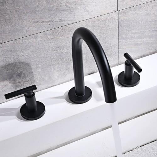 Black Bathroom Basin Faucet Hot And Cold Water Faucet Three Holes Two Handles Mixer Tap Deck Mount Wash Tub Brass Faucet