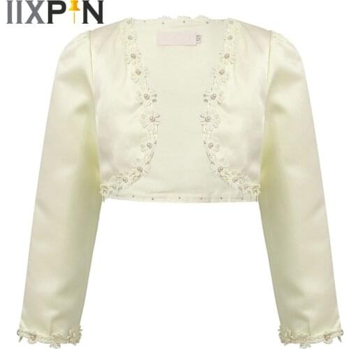 Kids Boleros Childrens Girls Cardigan Open Front Flower Beads Cape Long Sleeve Flower Girls Princess Dress Wrap Wedding Jackets