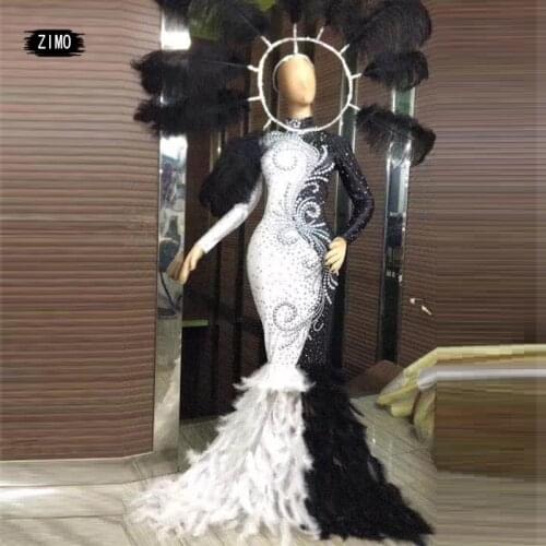 Black White patchwork Prom Dresses rhinestone Long Sleeveve pearl feather Mermaid for African Womens Formal Evening Gowns stage