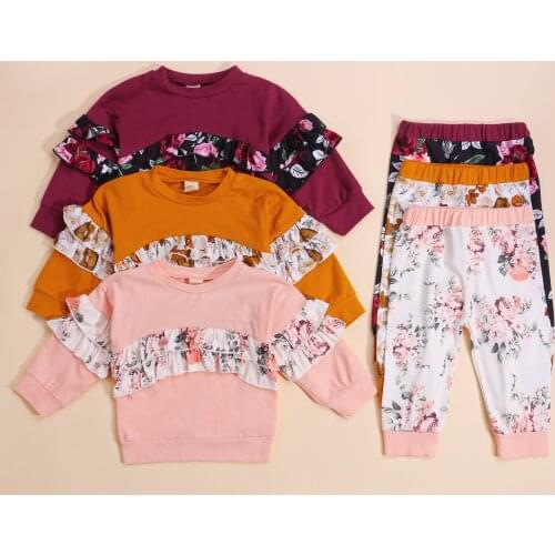FOCUSNORM 3 Colors Autumn Baby Girls Clothes Sets 0-3Y Flowers Printed Ruffles Long Sleeve Tops Pants Outfits 2pcs