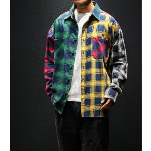 Lattice Plaid Patchwork Clothes Men Slim Fit Casual Shirt Long Sleeve Large Size Tops Males Fashion Elegant Blouse Shirts Drops