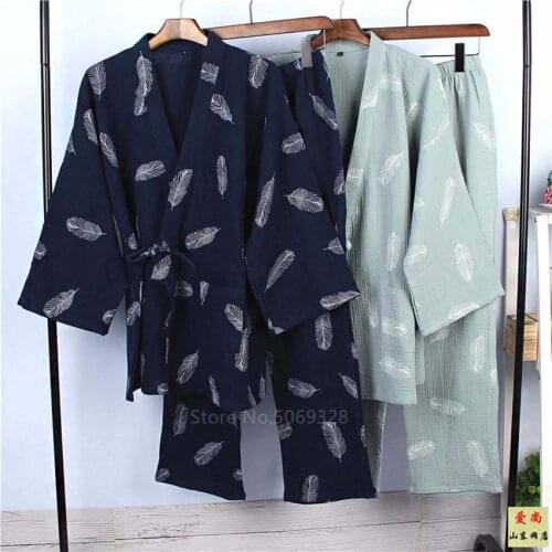 Cotton Men Japanese Jinbei Kimono Cardigan Yukata Pajama Set Sleepwear Samurai Haori Tops Pants Clothing Traditional Nightgowns