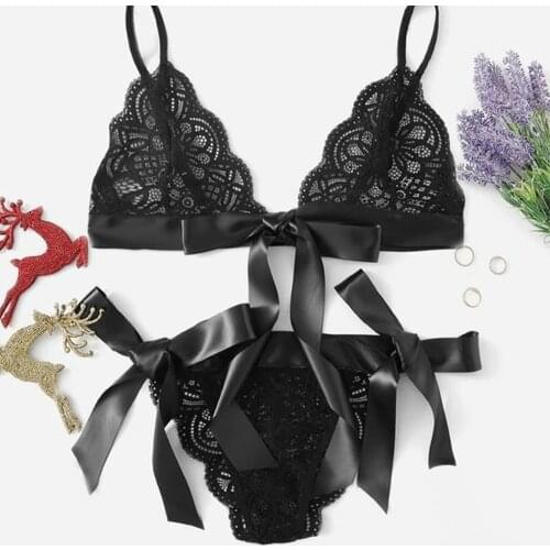 Ladies Lace Tie Lingerie Suit Sexy Nightwear Plain Bra Thong Bowknot Exotic Sets Bandage Underwear Set Female Lace Lingerie Set