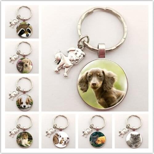 Top Fashion Collier Ring Jewelry Animal Keychain Dog And Pendant Keychain Art Picture Glass Cabochon Accessories