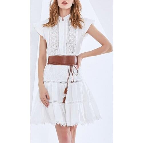 Fashion Solid Women Cutwork Dress Sleeveless A-Line Dresses With Belt 3247