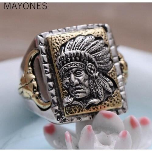 MAYONES Vintage 925 Sterling Silver Open Ring & Hand Carved Indian Chief and Bull Pattern for Personality Mens Punk Rings
