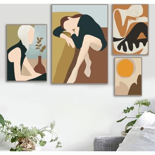 Nordic Vintage Posters and Print Wall Art Canvas Painting Abstract Geometry Woman Sun Leaf Plant Wall Pictures Living Room Decor
