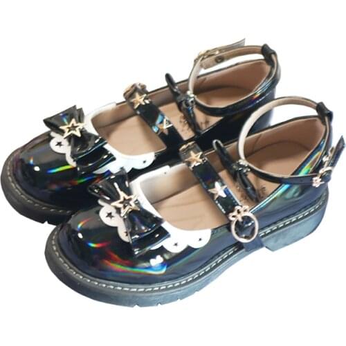 New Star Buckle Design Lolita Shoes Bowknot Jk Uniform Student Lolita Womens Shoe Round Toe Sling Back Kawaii Girl Mid Heel 3cm