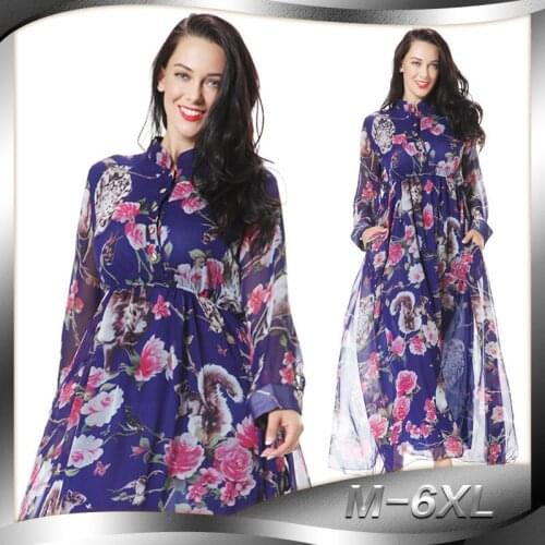 New womens clothing chiffon print dresses womens dresses european dresses plus size M-6xl full dress ankle-length 5222