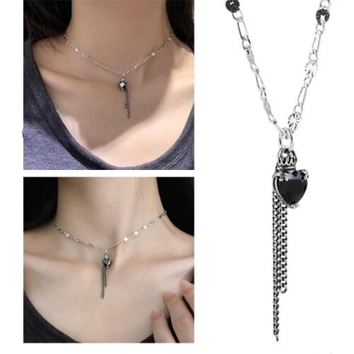 Pure 925 Sterling Silver Necklace Girl Clavicle Accessories Lady Trendy Black Tassel Heart Pendant Necklace Women Jewelry Charm