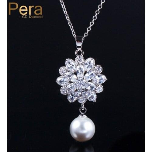 Pera Delicate White Cubic Zirconia Crystal Elegant Snowflake Pearl Pendant Necklace for Ladies Anniversary Jewelry Gift P006