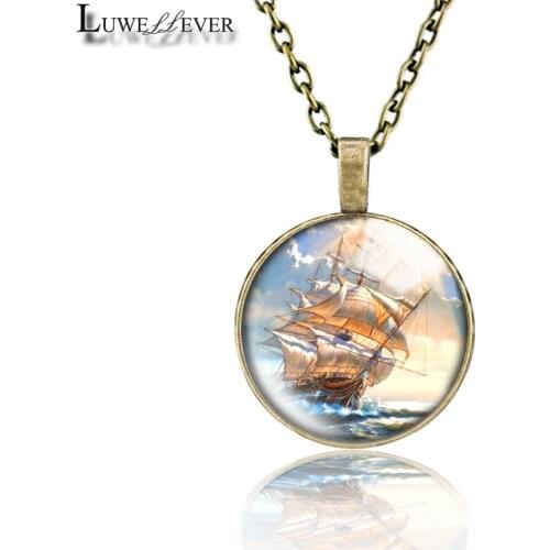 Ship Necklace 653 25mm Bronze 30mm Wood Rhinestone Double-sided Moon Round Glass Pendant For Women Gift