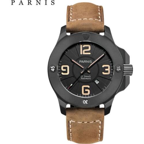 Parnis 47mm Military Mechanical Watches Mens Watch Luxury Automatic Watch Sapphire glass Luminous Genuine Leather strap