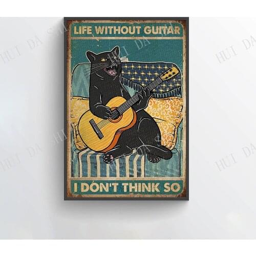 Cat Poster - Life Without Guitar I Don't Think So Poster, Black Cat Poster, Funny Cat and Guitar Wall Art, Instrument Print