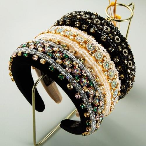 Retro Baroque Polychrome Crystal Headband Gorgeous Colorful All Rhinestone Wide Thick Sponge Hair Band Womens Party Headdress