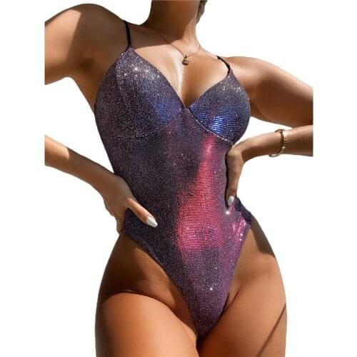 Sexy Women Swimwear Sequined Sling Jumpsuit V-Neck Beach Adjustable Thin Shoulder Strap Surfing Wear Swimwear