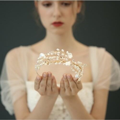 Silver Color Pearls Wedding Tiara Crystal Leaf Bridal Hair Crown Headband Handmade Women Hair Accessories Brides Jewelry