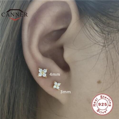 CANNER 3/4mm Real 925 Sterling Silver Zircon Crystal Petal Stud Earrings for Women Small Piercing Screw Earings Jewelry Gifts