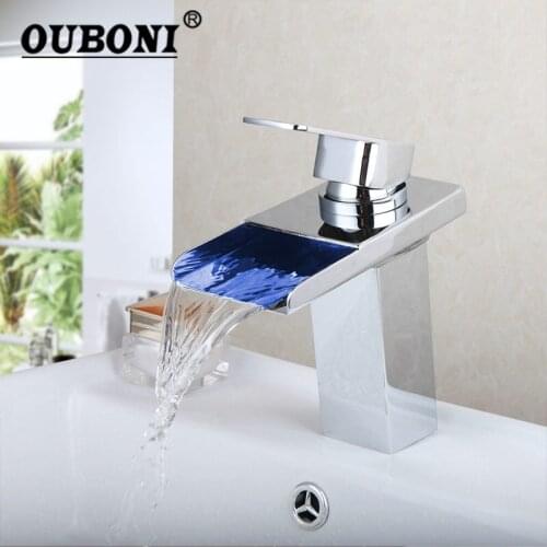 OUBONI LED Deck Mounted Bathroom Faucet LED Waterfall Water Powered Chrome Finish Bathroom Water Mixer Tap Faucet CM-92485