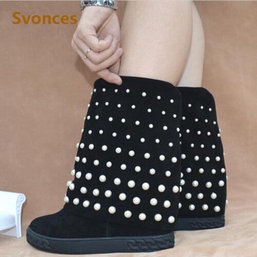 Winter Warm Snow Boots Lady Height Increasing Slip-On Luxury Pearl Design Cow Suede Botas High Heels Shoes Women Zapatos Mujer