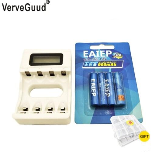 VerveGuud 4Slots LCD Display Intelligent Charger Charge for AA / AAA Batteries + 4Pcs AAA aaa 900mAh Rechargeable Batteries