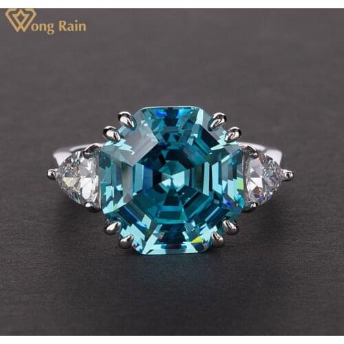 Wong Rain 100% 925 Sterling Silver Asscher Cut Created Moissanite Aqumarine Gemstone Wedding Engagement Ring Jewelry Wholesale