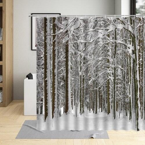 White Forest Trees Landscape Shower Curtain Waterproof Polyester Fabric Bathroom Curtains With 12 Hooks Bathtub Decor Screens