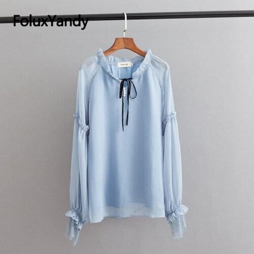 Casual Women Chiffon Blouse Plus Size Loose Lace Up Ruffles Lace Long Sleeve Blouse 3XL Chemise KKFY5676