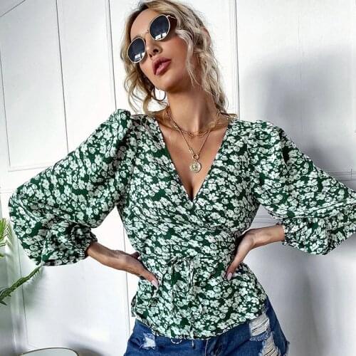 Female Stree Wear Oversized Tops Summer V Neck Long Lantern Sleeve Casual Women Floral Printing Loose Elegant Shirts Lace Up