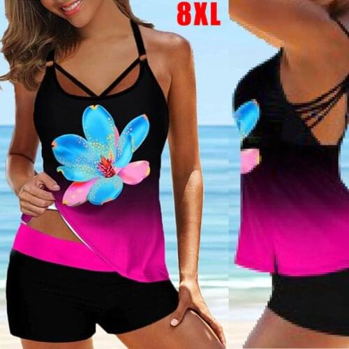 Plus Size 8XL Women Tankini with Shorts Retro Print Floral Swimsuit Ladies Bikini Set Two Pieces Swimwear Tankini Beachwear