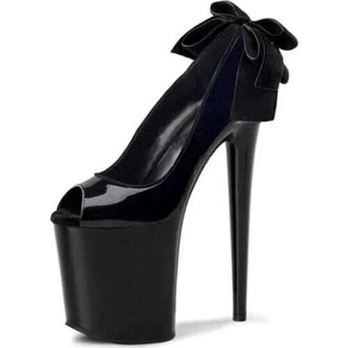 New Arrivals Butterfly-knot Women Pumps Peep Toe Black Patent Leather High Heeled Shoes Slip-on 20CM Platform Heels Party Shoes
