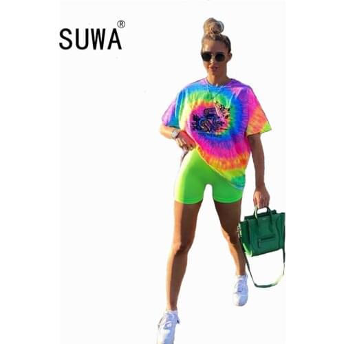 Rainbow Tie Dye Two Piece Set Summer Clothes For Women Cartoon Character Letter T Shirt And Skinny Short Plus Size Sweat Suits