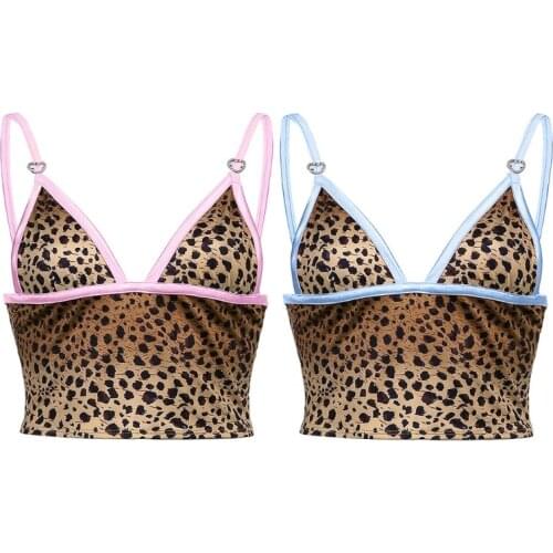 Women Sexy Spaghetti Strap Deep V-Neck Crop Top Vintage Leopard Print Camisole Crisscross Bandage Backless Slim Vest