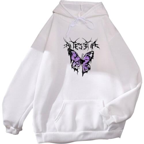 Women Autumn Korean Sweatshirt Oversized Butterfly Print Long Sleeve Hooded Pullover Harajuku Pocket Drawstring Tops Sudaderas
