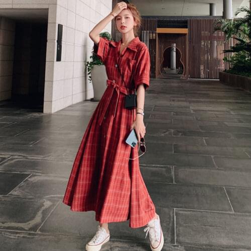 2020 Women Causal Loose Red Plaid Belt Maxi Dress Long Summer High-end Blouse Dresses