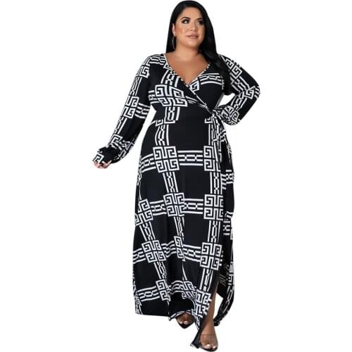 Plus Size Printed Floor Dress Collect Waist Oversized Clothing Maxi Dresses for Women Autumn Clothes Trendy Vestido Feminino