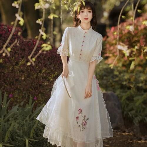 Fairy Dress Women Summer 2021 French Retro Lace Trumpet Sleeve Fashion Chic Purple Single-breasted Embroidered Sweet Dress