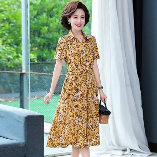 XL-5XL Women Vintage Dress Short Sleeve Shirt collar Summer Vestidos Womens Elegant Printing Mid-Calf Casual Dresses Female