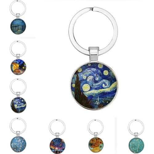 Starry Van Gogh Sunflower Round Glass Cabochon DIY Van Gogh Art Oil Pendant Keychain Mens and Womens Gifts