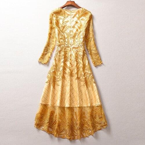 2021 Designer Dovetail Runway Fashion New Yellow Red Flower Embroidery Midi Elegant Party Holiday Dress Vestidos