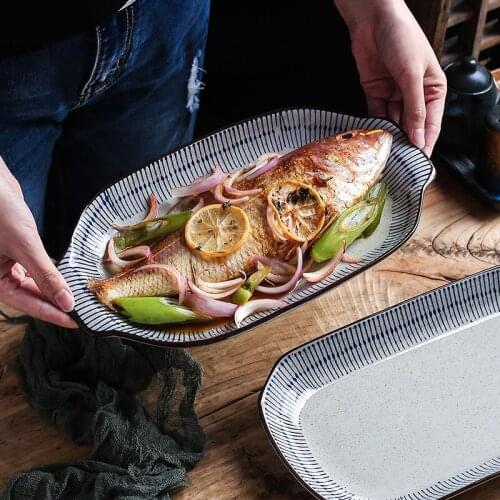 FANCITY Ceramic fish dish, domestic steamed fish plate, restaurant creative dish, rectangular large double-eared fish dish
